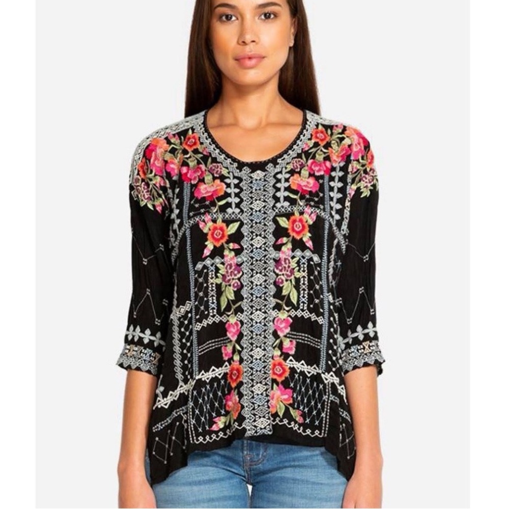 Johnny Was Black Floral Embroidered Boho Tunic Top 3/4 Sleeve Oversize S